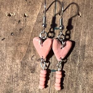 Pink Beaded Heart Dangle Earrings